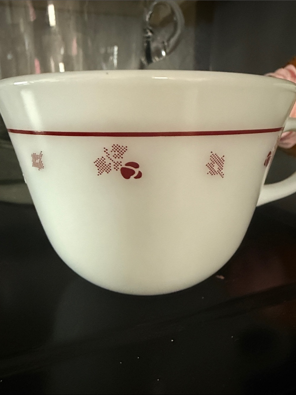 Pyrex White Ceramic Teacups (4)  with Red Accent Patterning
